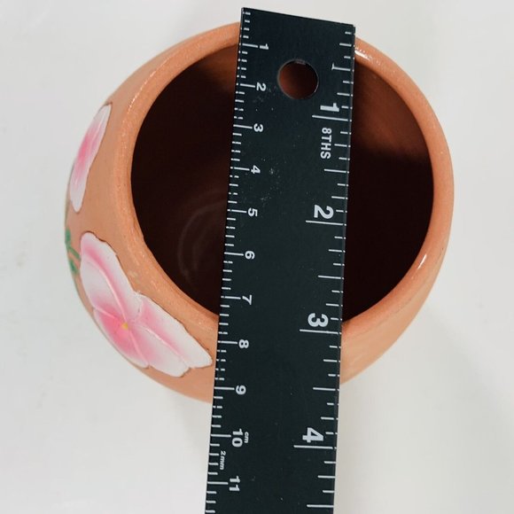Terracotta Pottery Planter Handmade Etched Pink Pansies Pot Vase Artisans Signed - Picture 10 of 12